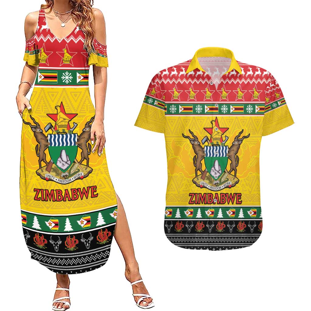 Zimbabwe Christmas Couples Matching Summer Maxi Dress and Hawaiian Shirt Coat Of Arms Muve neKisimusi - Wonder Print Shop