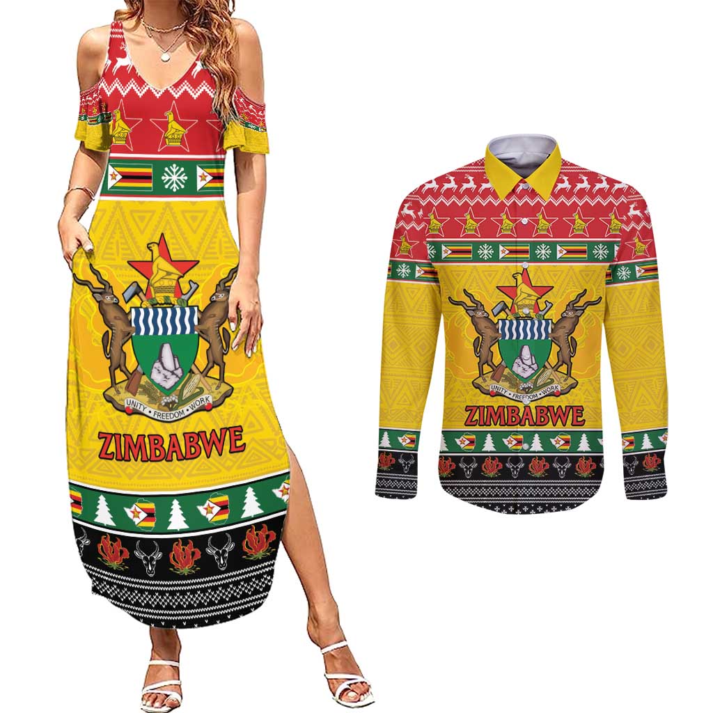 Zimbabwe Christmas Couples Matching Summer Maxi Dress and Long Sleeve Button Shirt Coat Of Arms Muve neKisimusi - Wonder Print Shop