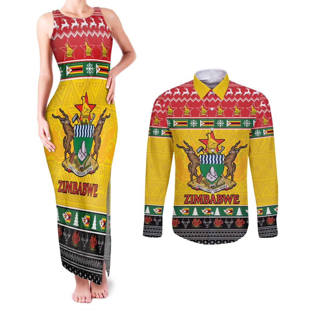 Zimbabwe Christmas Couples Matching Tank Maxi Dress and Long Sleeve Button Shirt Coat Of Arms Muve neKisimusi - Wonder Print Shop