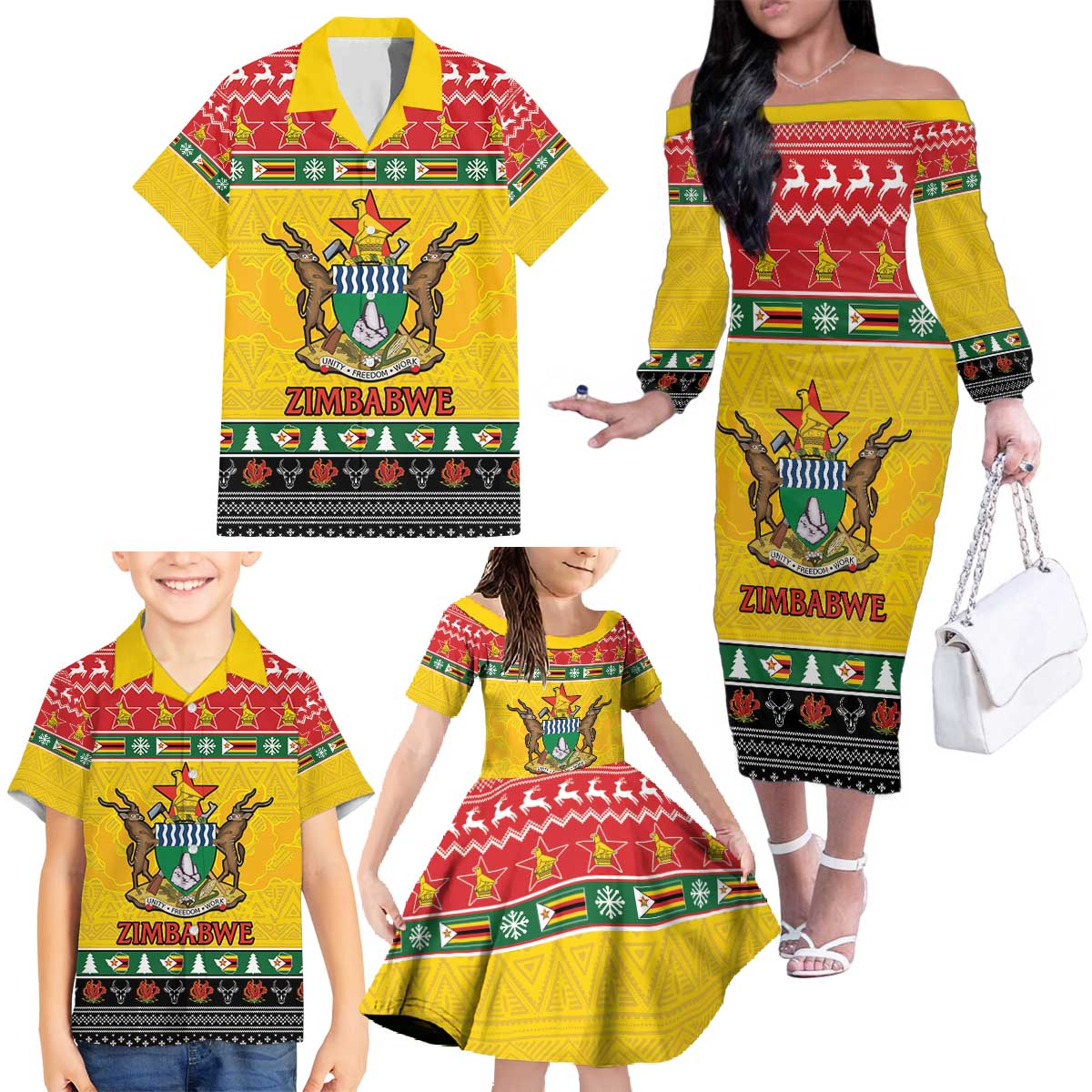 Zimbabwe Christmas Family Matching Off The Shoulder Long Sleeve Dress and Hawaiian Shirt Coat Of Arms Muve neKisimusi - Wonder Print Shop