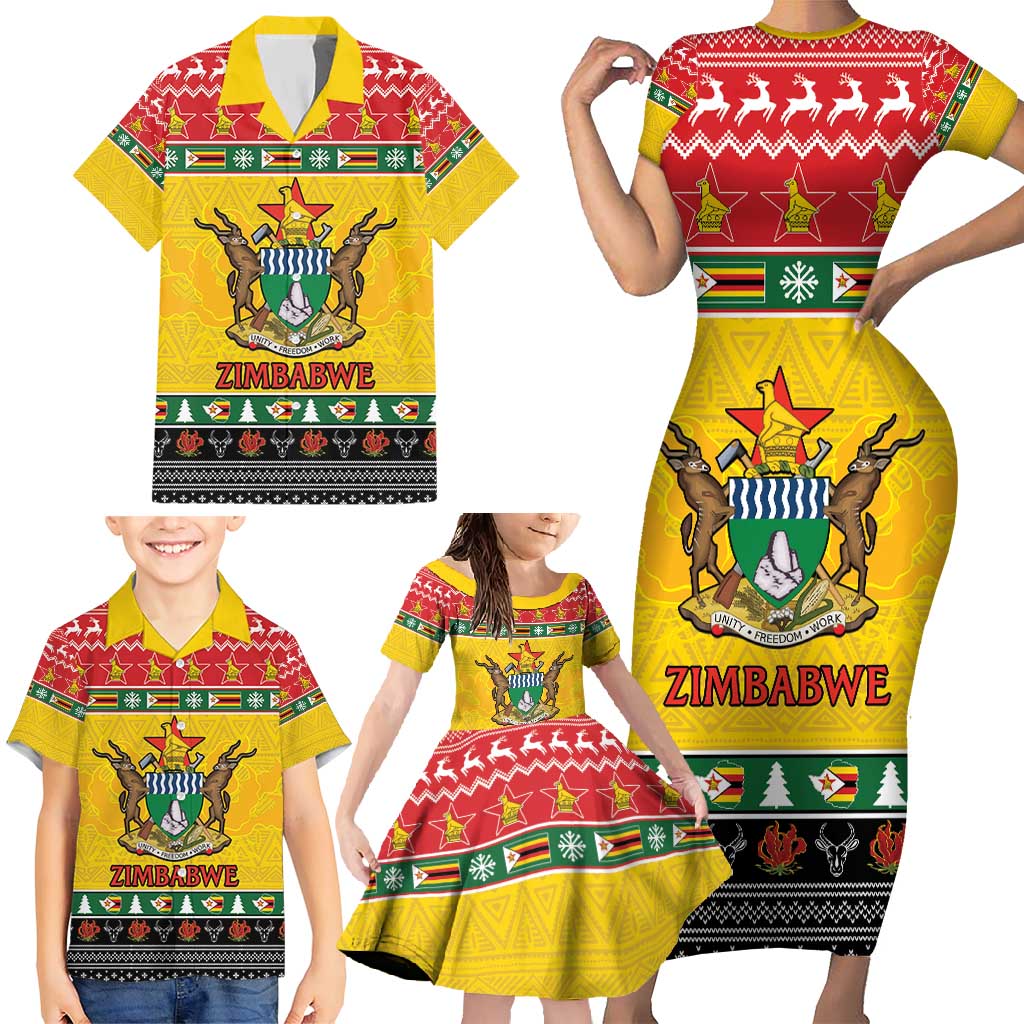 Zimbabwe Christmas Family Matching Short Sleeve Bodycon Dress and Hawaiian Shirt Coat Of Arms Muve neKisimusi - Wonder Print Shop