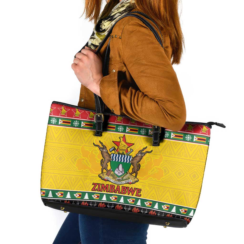 Zimbabwe Christmas Leather Tote Bag Coat Of Arms Muve neKisimusi - Wonder Print Shop