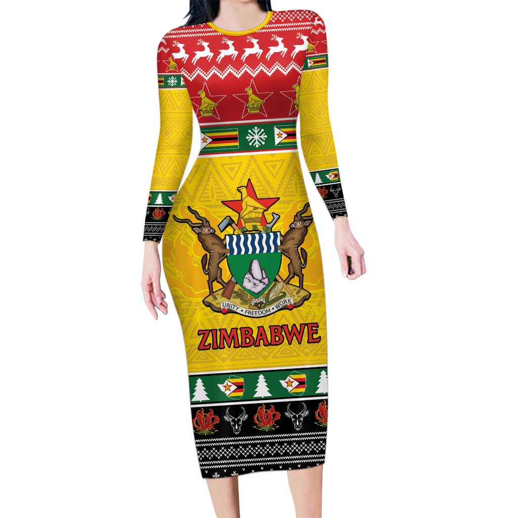 Zimbabwe Christmas Long Sleeve Bodycon Dress Coat Of Arms Muve neKisimusi - Wonder Print Shop