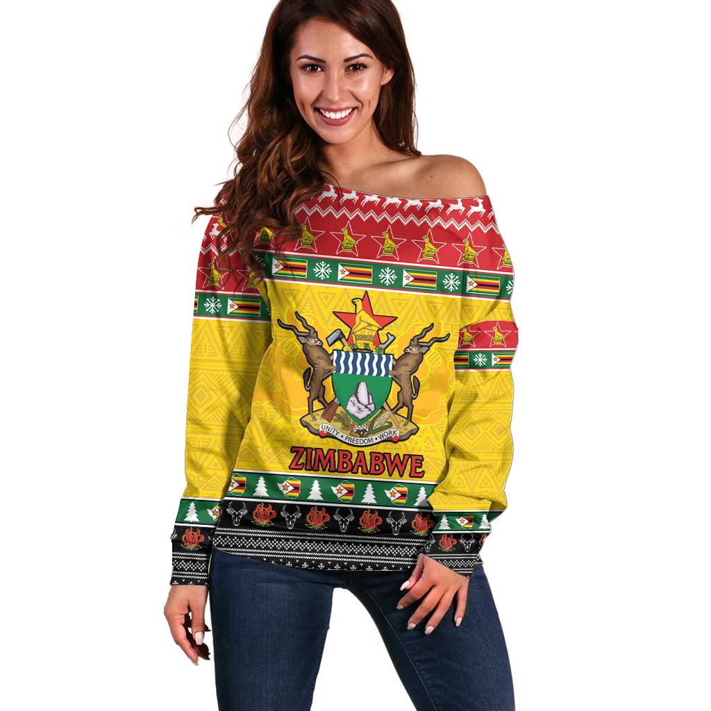 Zimbabwe Christmas Off Shoulder Sweater Coat Of Arms Muve neKisimusi