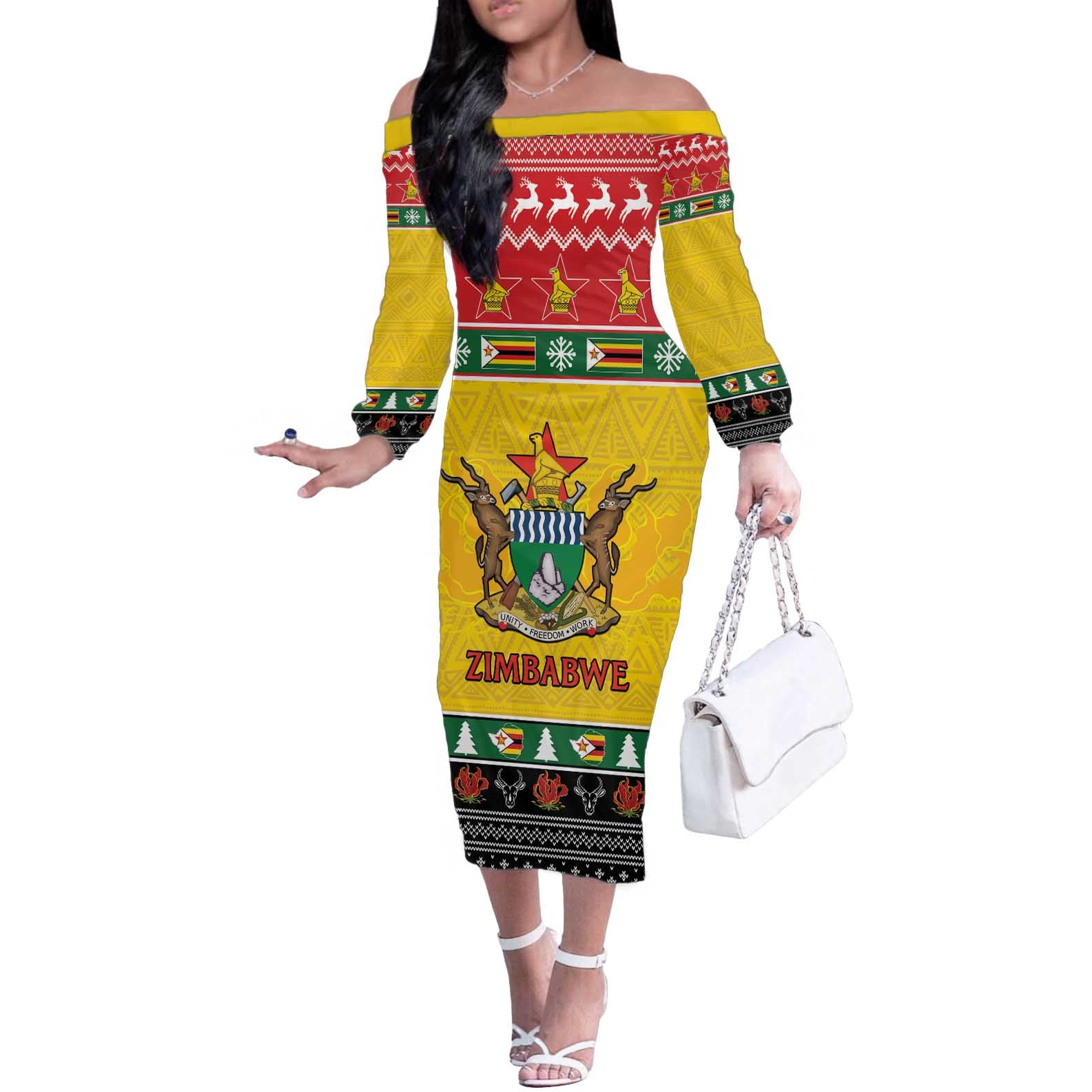 Zimbabwe Christmas Off The Shoulder Long Sleeve Dress Coat Of Arms Muve neKisimusi - Wonder Print Shop