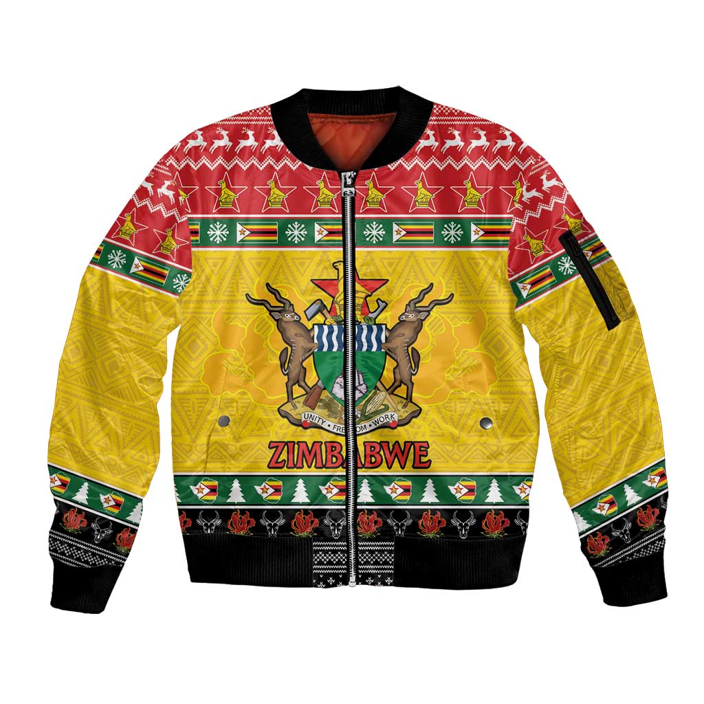 Zimbabwe Christmas Sleeve Zip Bomber Jacket Coat Of Arms Muve neKisimusi - Wonder Print Shop