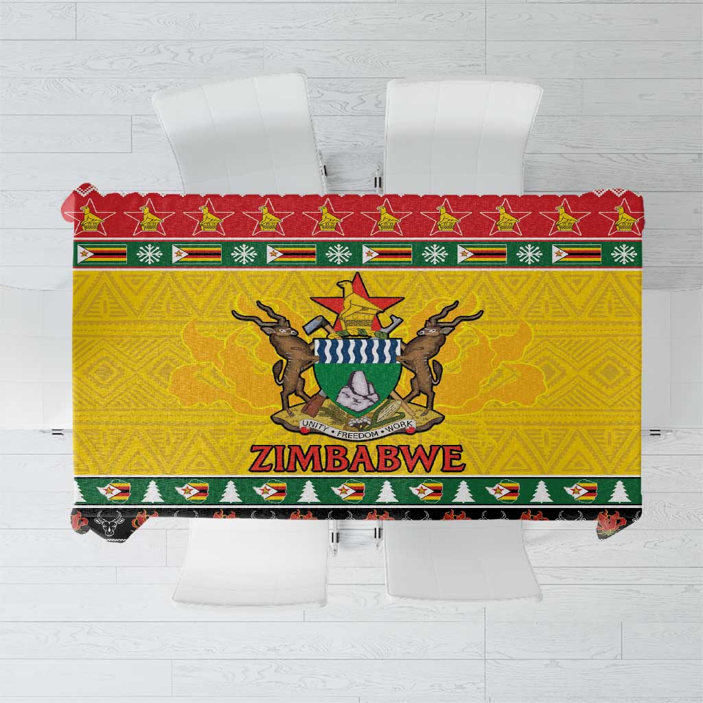 Yellow Christmas tablecloth featuring Zimbabwe coat of arms and 'Zimbabwe' text center panel