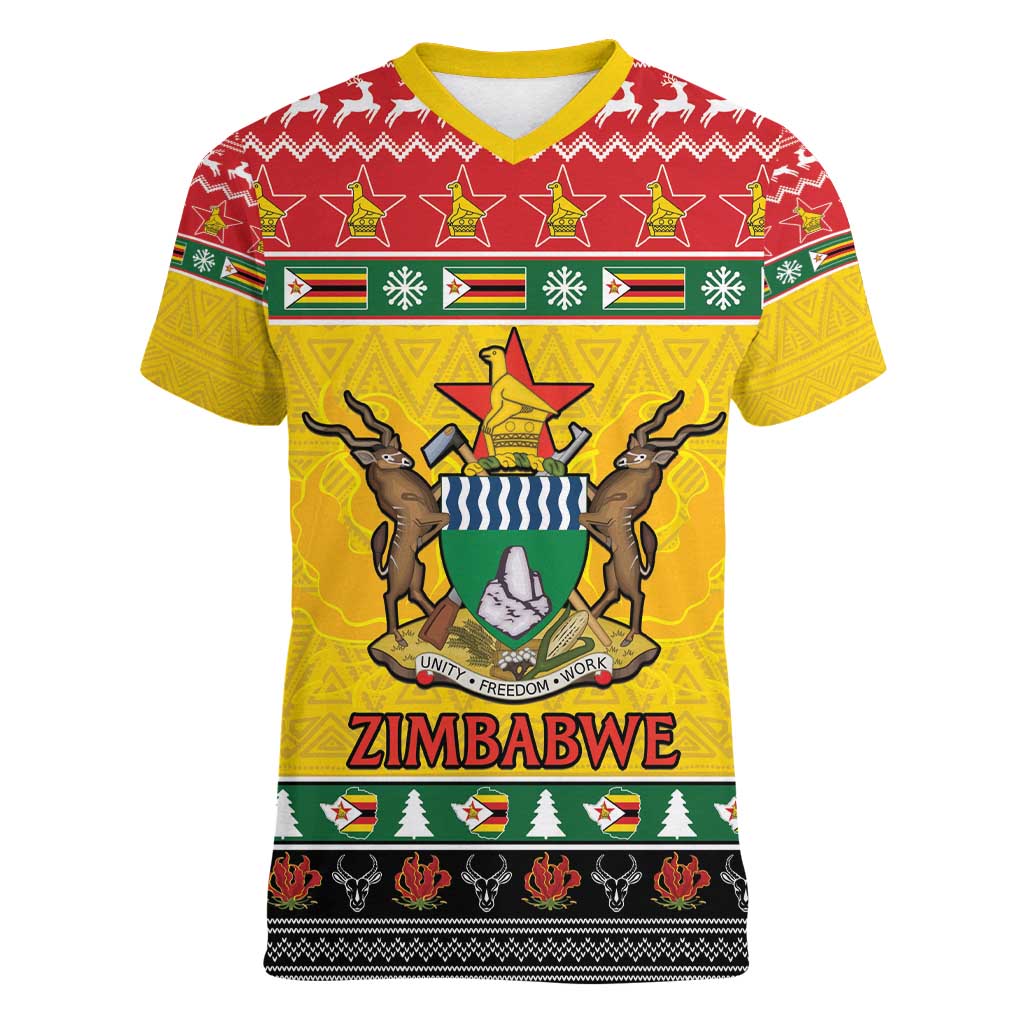 Zimbabwe Christmas Women V-Neck T-Shirt Coat Of Arms Muve neKisimusi - Wonder Print Shop