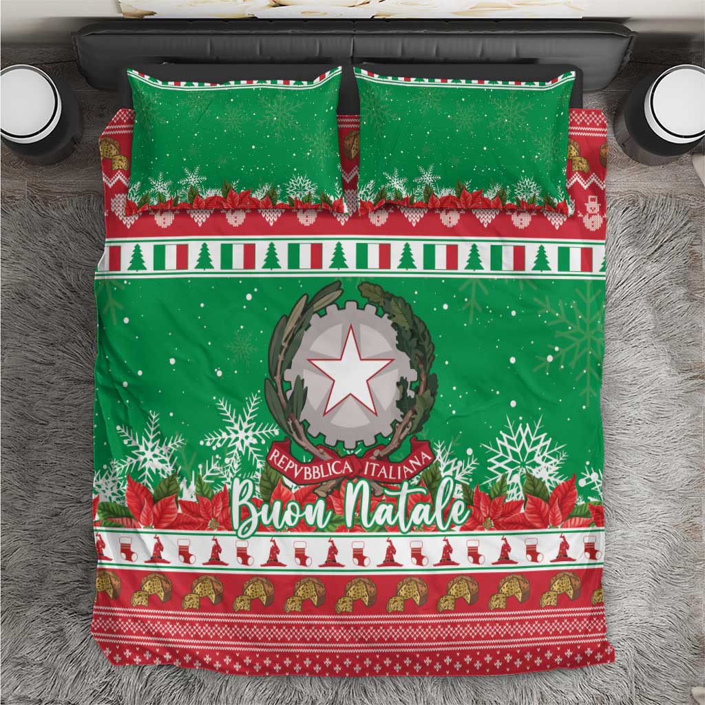 Green Christmas bedding set with 'Buon Natale' print, coat of arms, snowflakes, trees