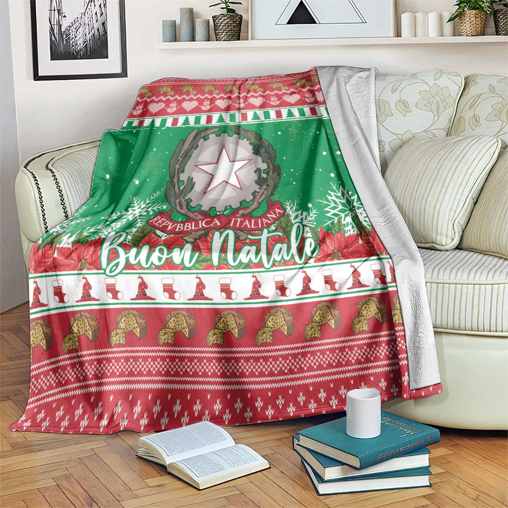 Green and red Buon Natale Christmas blanket with Italy crest medallion, trees and decorative band