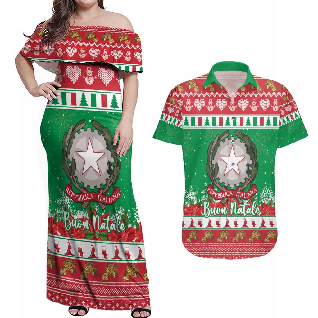 Italy Christmas Couples Matching Off Shoulder Maxi Dress and Hawaiian Shirt Coat Of Arms Buon Natale - Wonder Print Shop