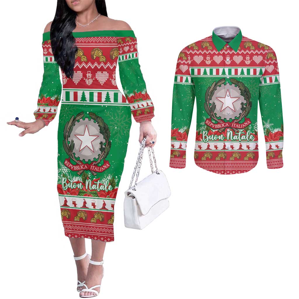 Italy Christmas Couples Matching Off The Shoulder Long Sleeve Dress and Long Sleeve Button Shirt Coat Of Arms Buon Natale