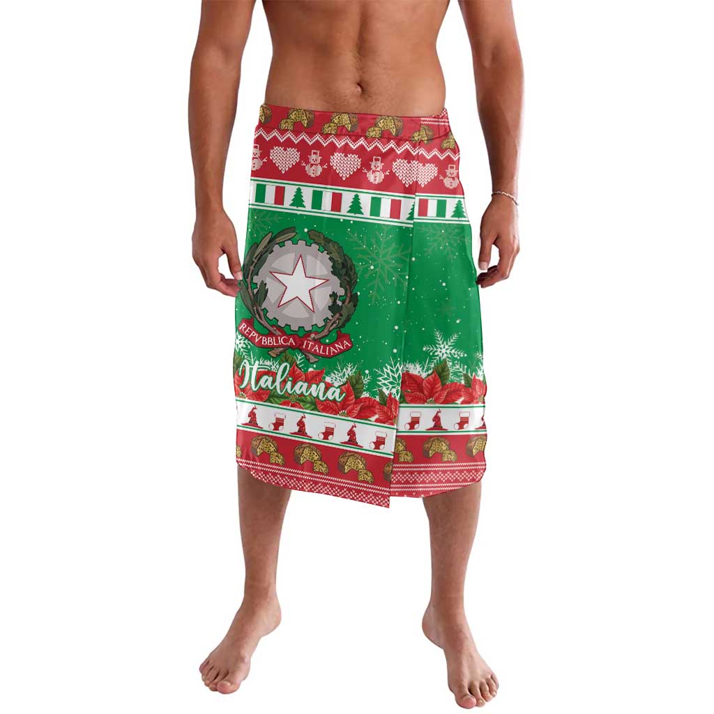 Green holiday wrap skirt with red border, Italian crest, trees, and “Italia” print