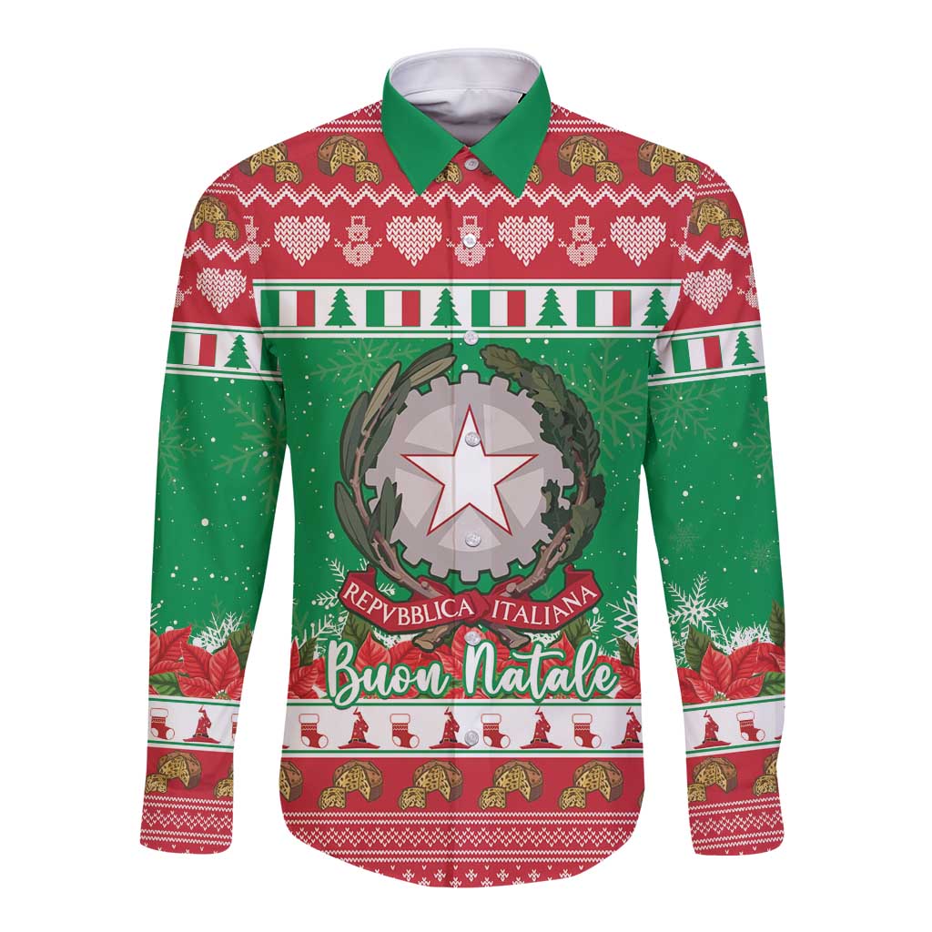 Green long-sleeve button shirt with festive crest and 'Buon Natale' graphic