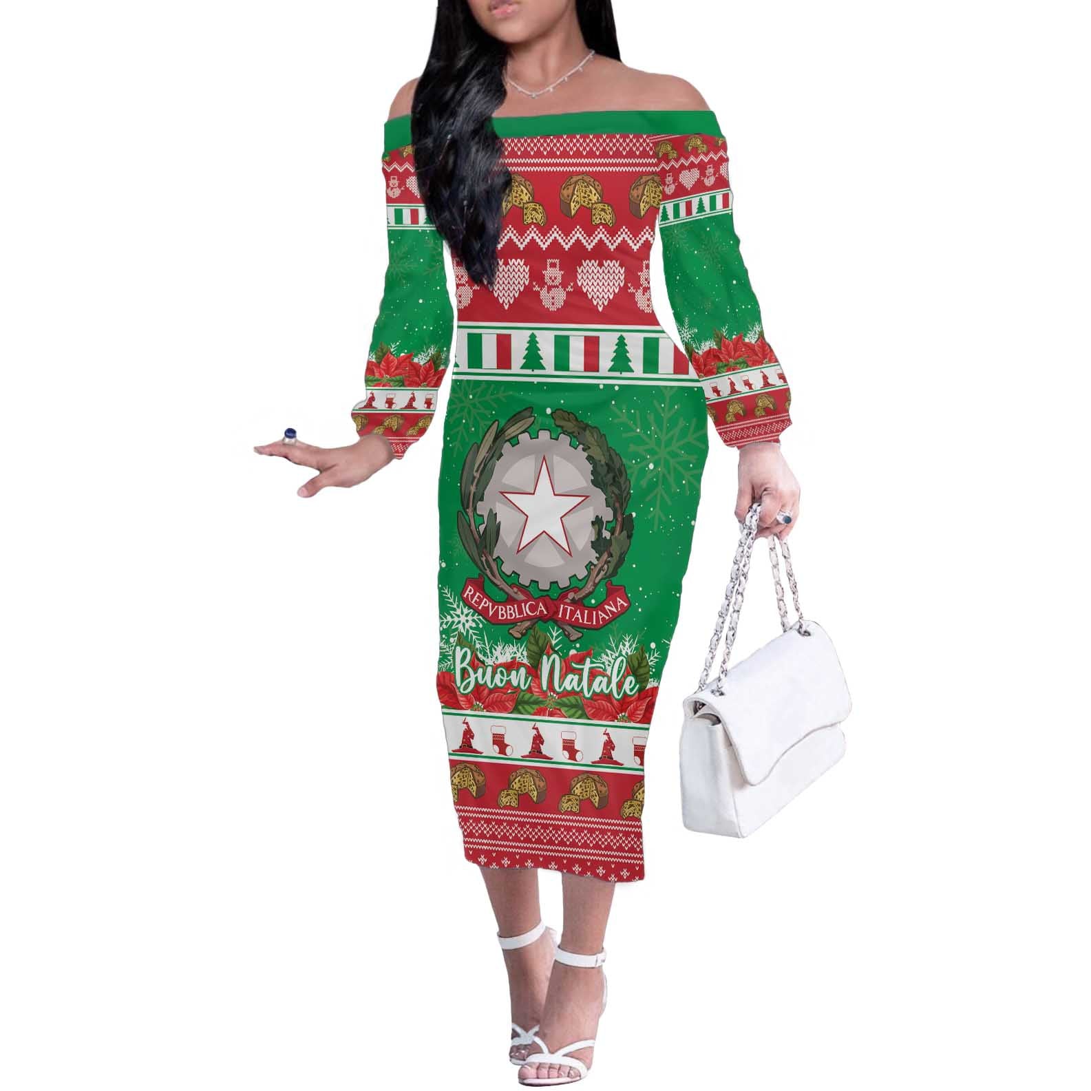 Italy Christmas Off The Shoulder Long Sleeve Dress Coat Of Arms Buon Natale - Wonder Print Shop