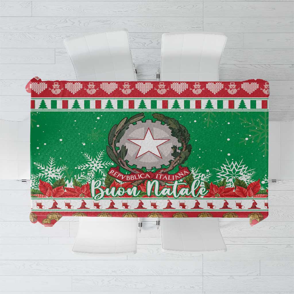 Green Christmas tablecloth with red border, coats of arms emblem, and Buon Natale text