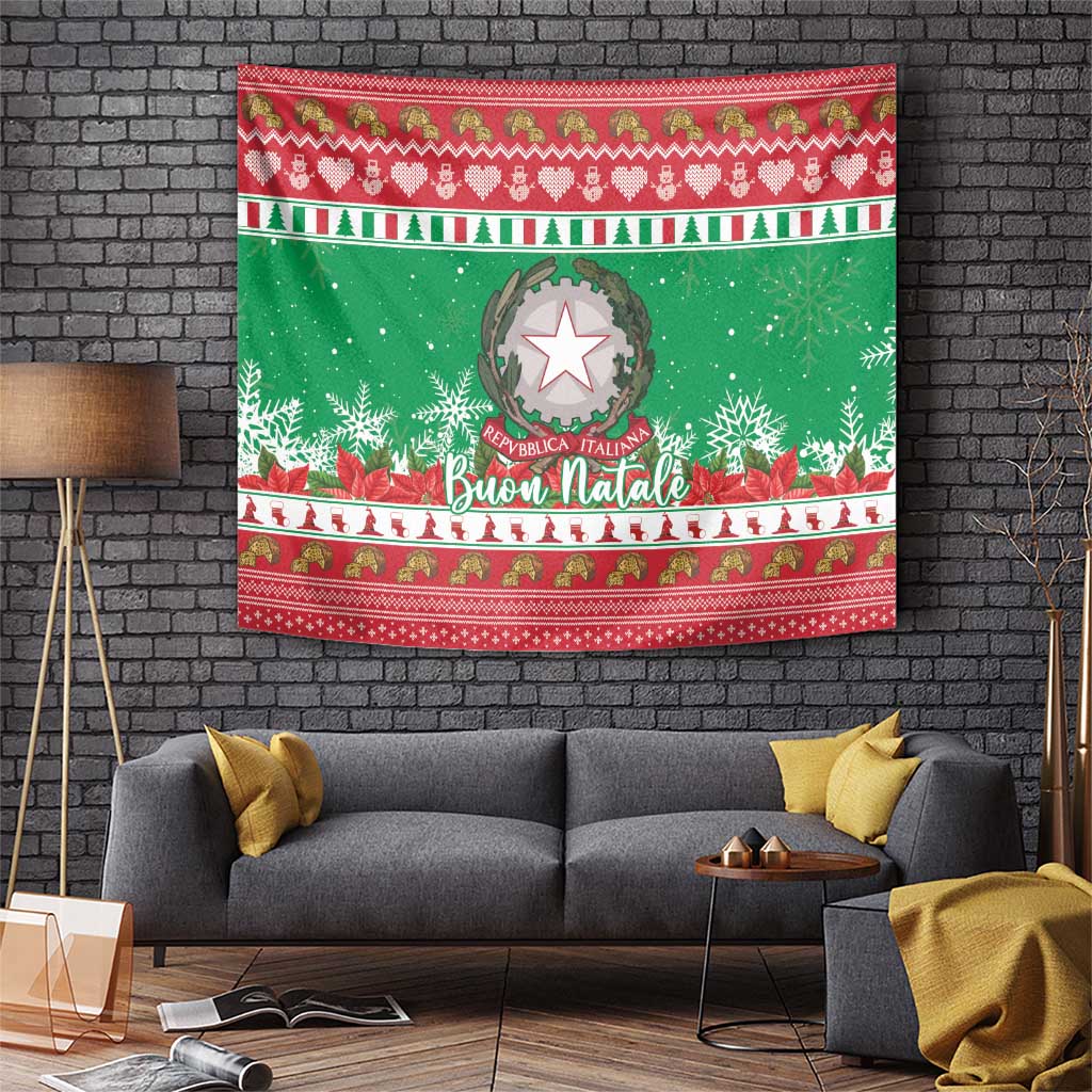 Green Christmas tapestry wall hanging with Buon Natale script and central Italy coat of arms