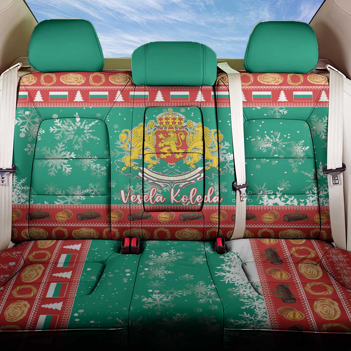 Bulgaria Christmas Back Car Seat Cover Coat Of Arms Vesela Koleda - Wonder Print Shop