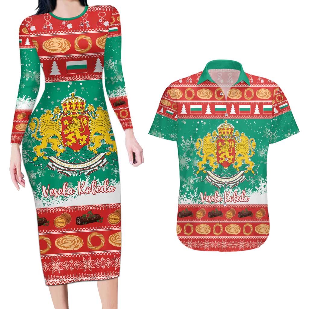 Bulgaria Christmas Couples Matching Long Sleeve Bodycon Dress and Hawaiian Shirt Coat Of Arms Vesela Koleda - Wonder Print Shop