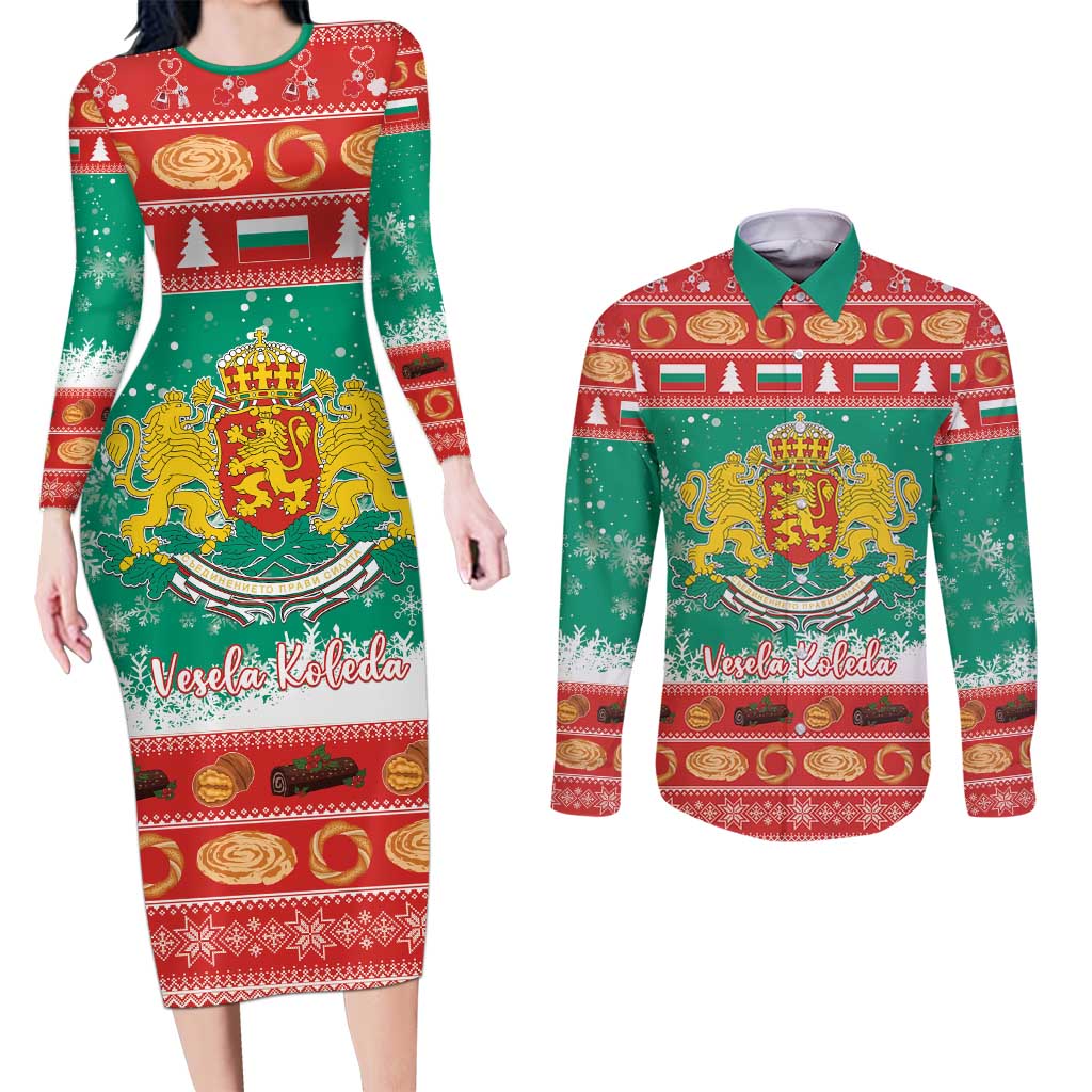 Bulgaria Christmas Couples Matching Long Sleeve Bodycon Dress and Long Sleeve Button Shirt Coat Of Arms Vesela Koleda - Wonder Print Shop