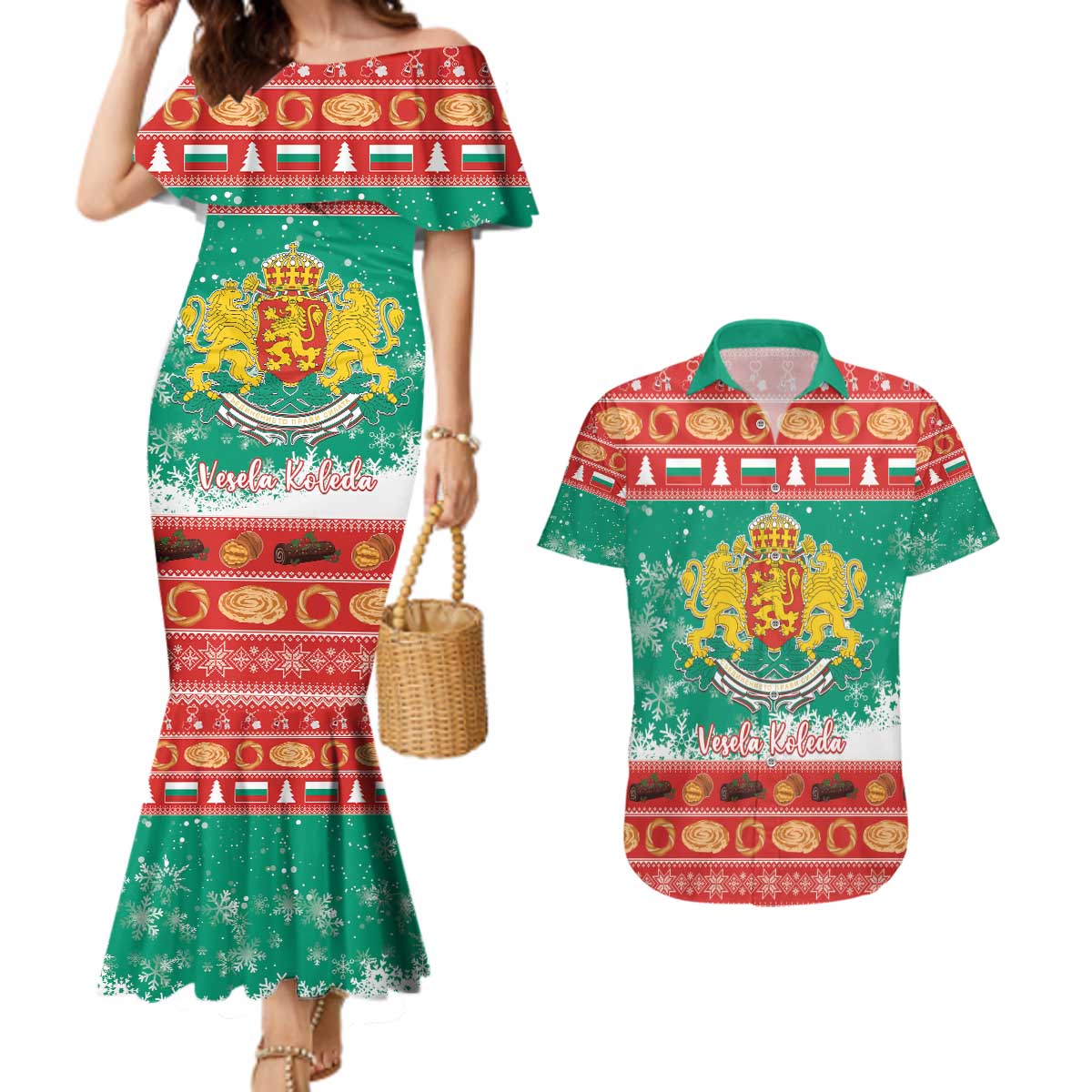 Bulgaria Christmas Couples Matching Mermaid Dress and Hawaiian Shirt Coat Of Arms Vesela Koleda - Wonder Print Shop