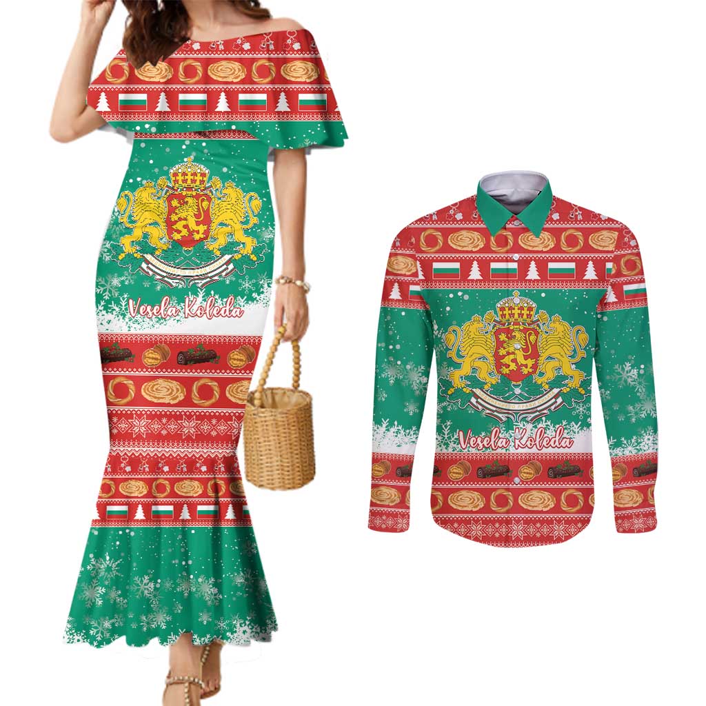 Bulgaria Christmas Couples Matching Mermaid Dress and Long Sleeve Button Shirt Coat Of Arms Vesela Koleda