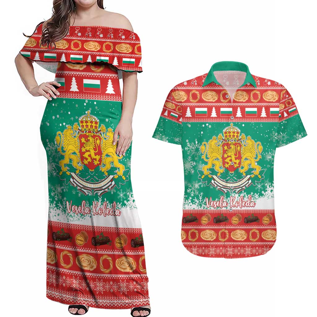 Bulgaria Christmas Couples Matching Off Shoulder Maxi Dress and Hawaiian Shirt Coat Of Arms Vesela Koleda - Wonder Print Shop