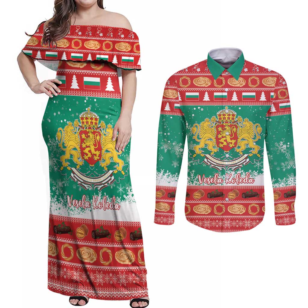 Bulgaria Christmas Couples Matching Off Shoulder Maxi Dress and Long Sleeve Button Shirt Coat Of Arms Vesela Koleda - Wonder Print Shop