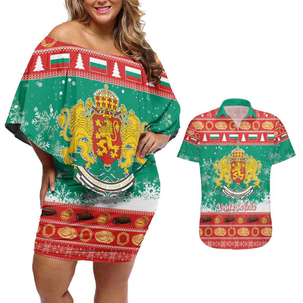 Bulgaria Christmas Couples Matching Off Shoulder Short Dress and Hawaiian Shirt Coat Of Arms Vesela Koleda - Wonder Print Shop