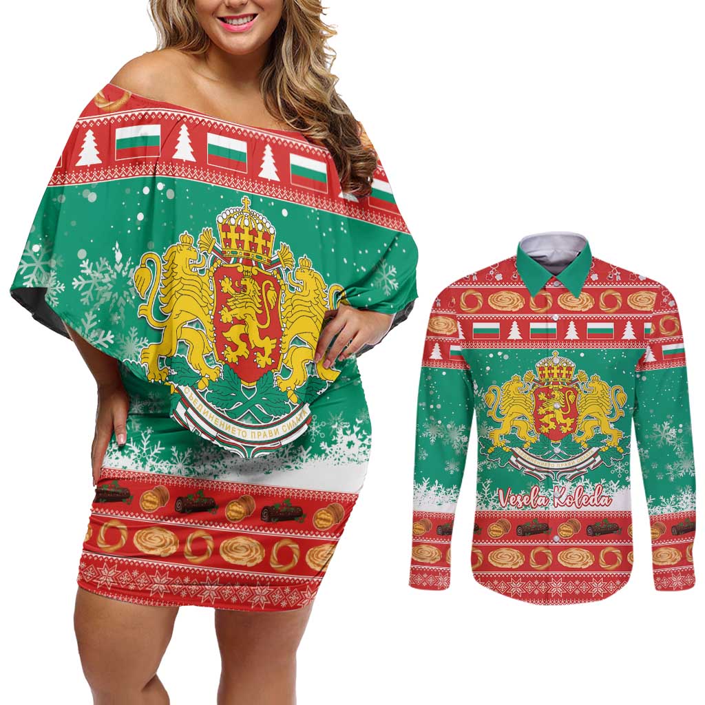 Bulgaria Christmas Couples Matching Off Shoulder Short Dress and Long Sleeve Button Shirt Coat Of Arms Vesela Koleda - Wonder Print Shop