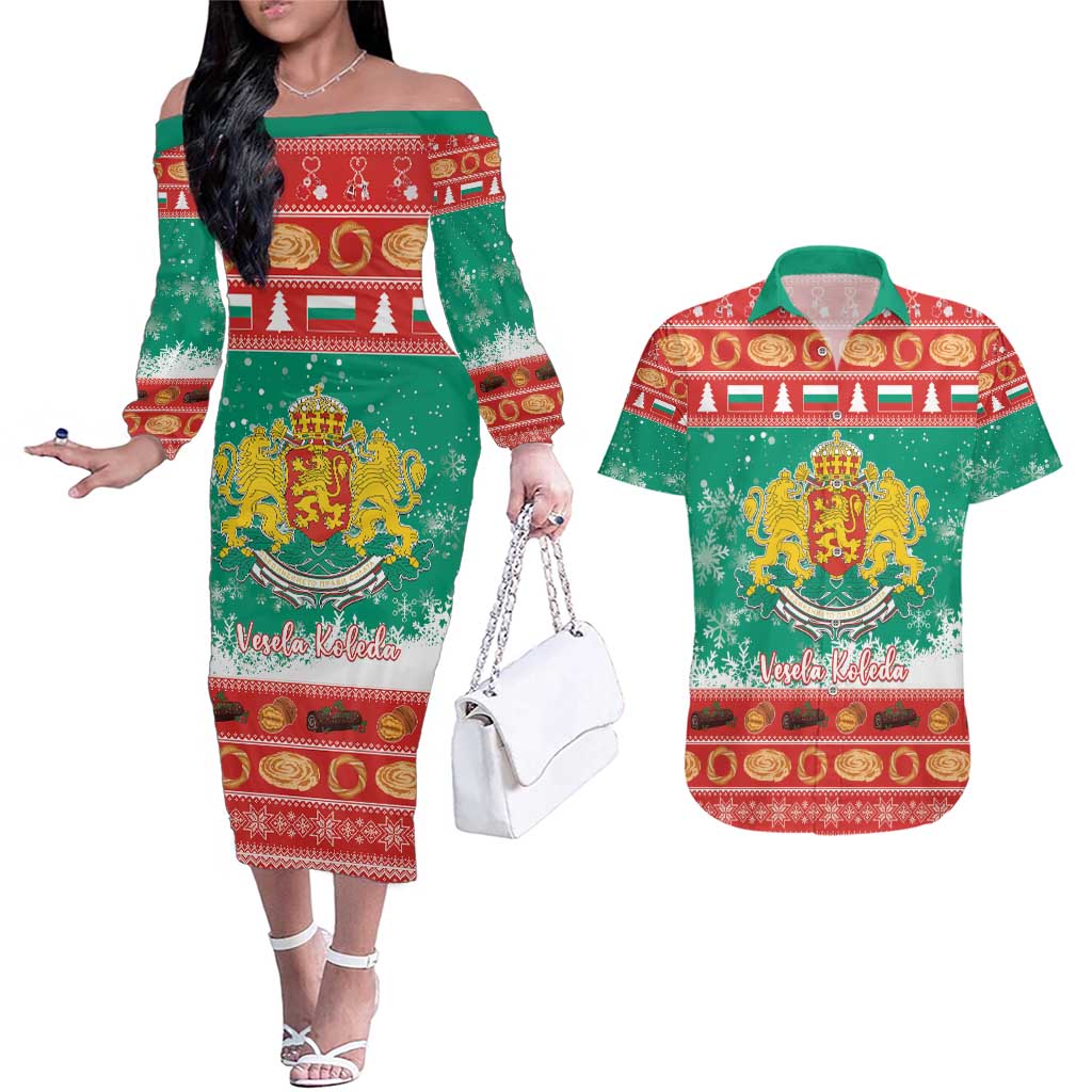 Bulgaria Christmas Couples Matching Off The Shoulder Long Sleeve Dress and Hawaiian Shirt Coat Of Arms Vesela Koleda - Wonder Print Shop