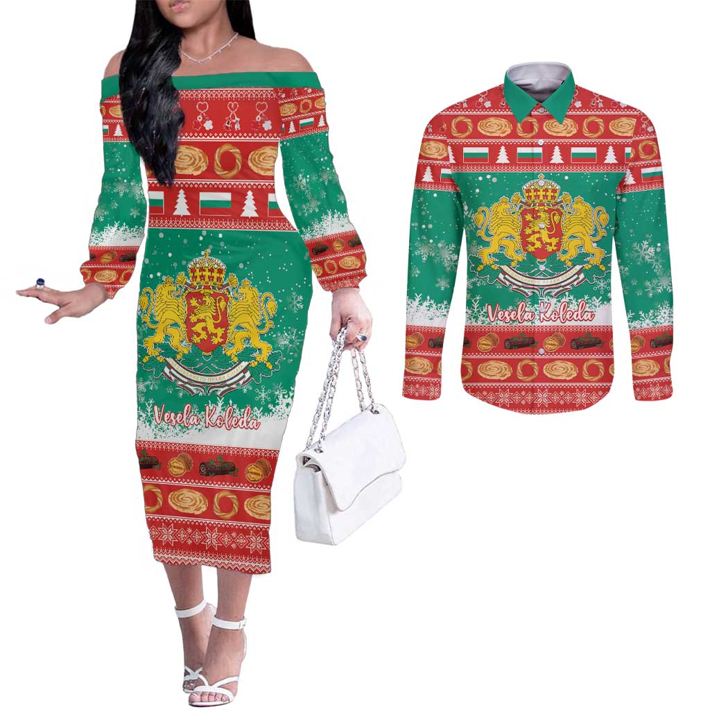 Bulgaria Christmas Couples Matching Off The Shoulder Long Sleeve Dress and Long Sleeve Button Shirt Coat Of Arms Vesela Koleda