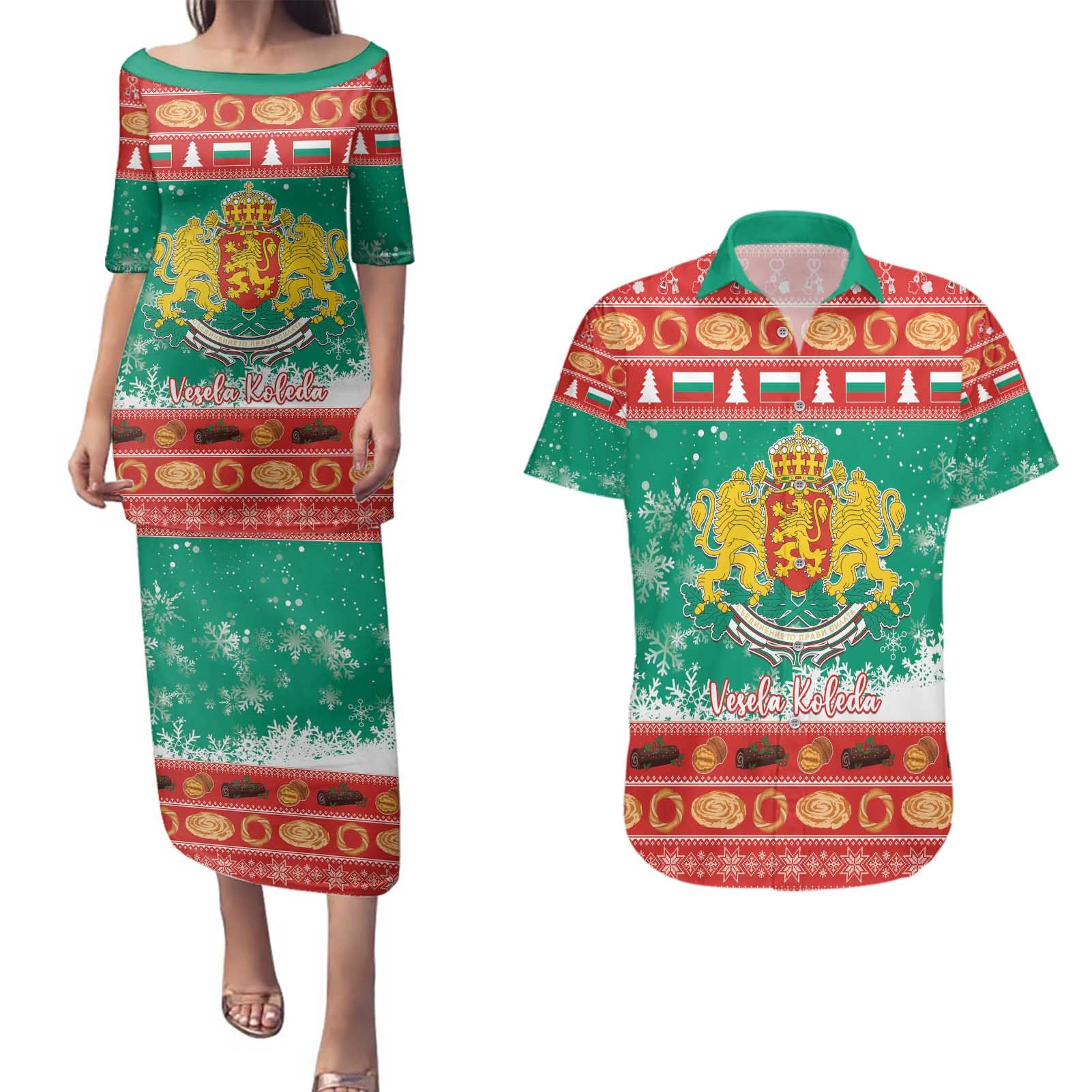 Bulgaria Christmas Couples Matching Puletasi and Hawaiian Shirt Coat Of Arms Vesela Koleda - Wonder Print Shop