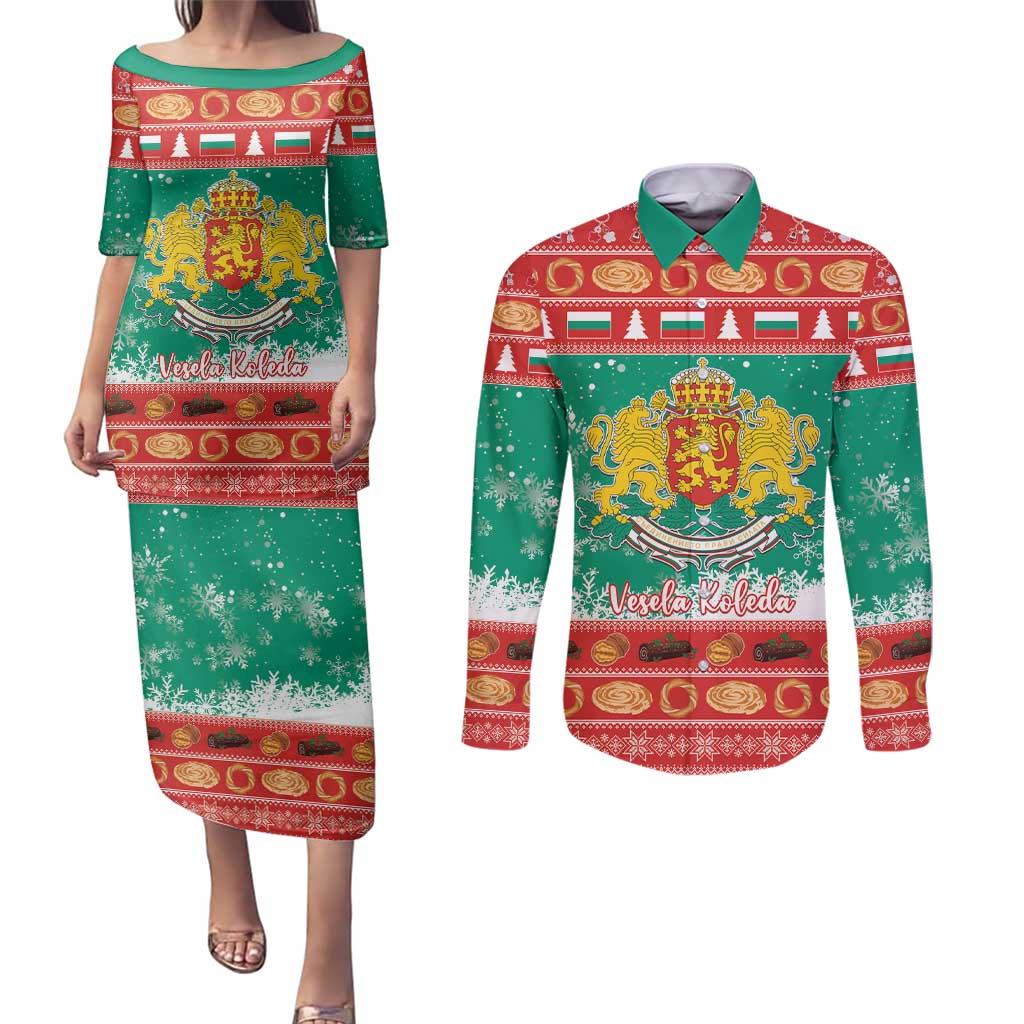 Bulgaria Christmas Couples Matching Puletasi and Long Sleeve Button Shirt Coat Of Arms Vesela Koleda - Wonder Print Shop