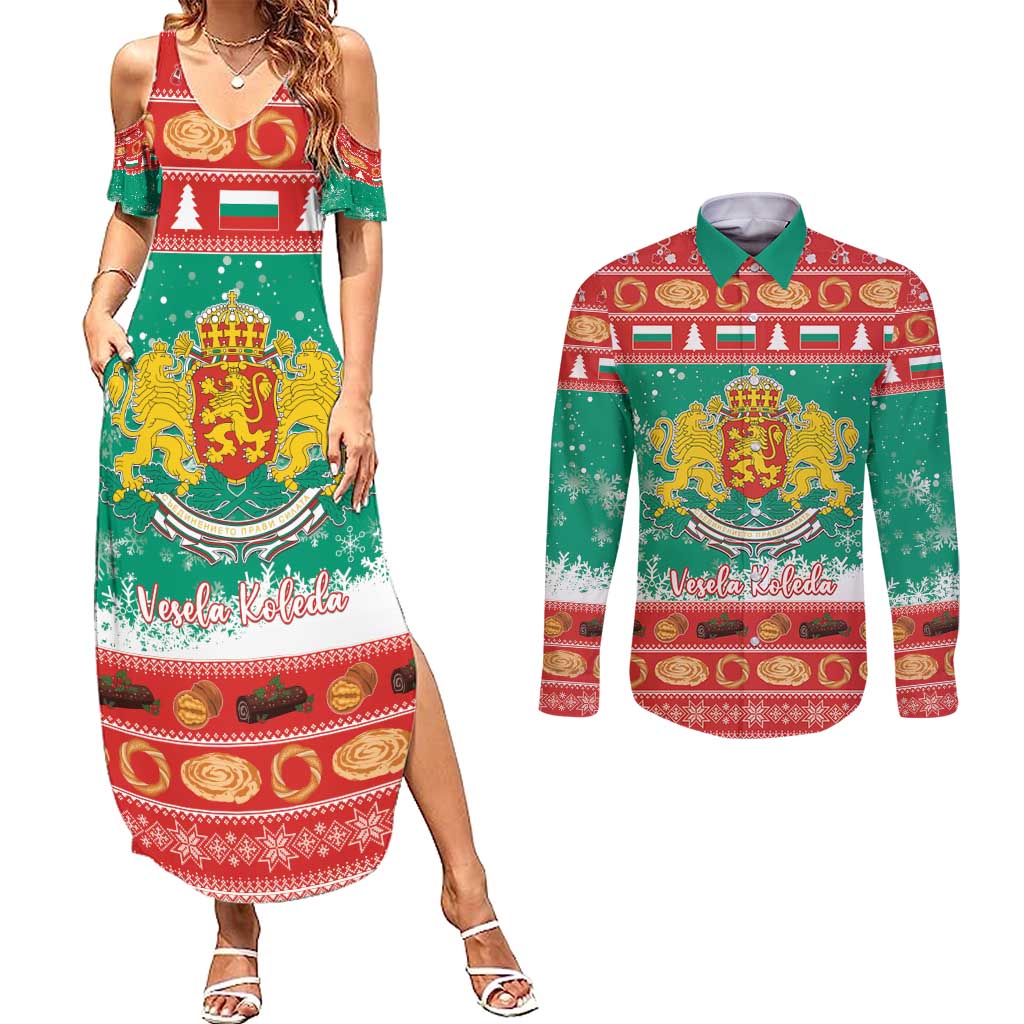 Bulgaria Christmas Couples Matching Summer Maxi Dress and Long Sleeve Button Shirt Coat Of Arms Vesela Koleda - Wonder Print Shop