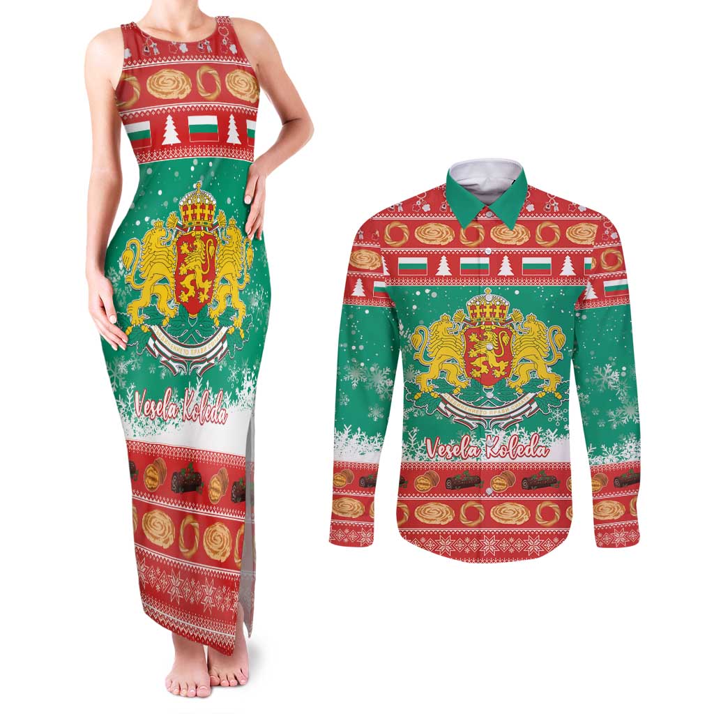 Bulgaria Christmas Couples Matching Tank Maxi Dress and Long Sleeve Button Shirt Coat Of Arms Vesela Koleda - Wonder Print Shop