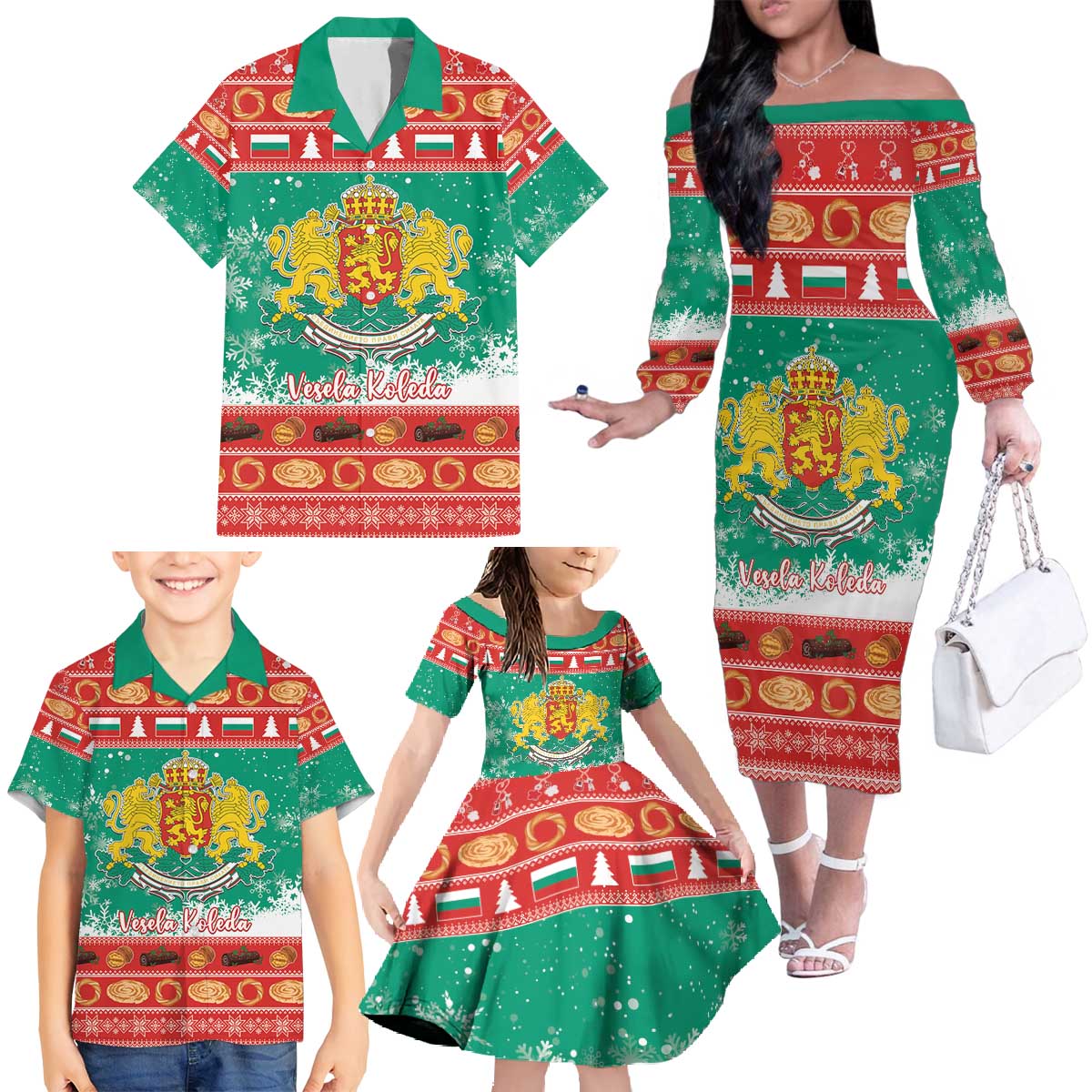 Bulgaria Christmas Family Matching Off The Shoulder Long Sleeve Dress and Hawaiian Shirt Coat Of Arms Vesela Koleda - Wonder Print Shop