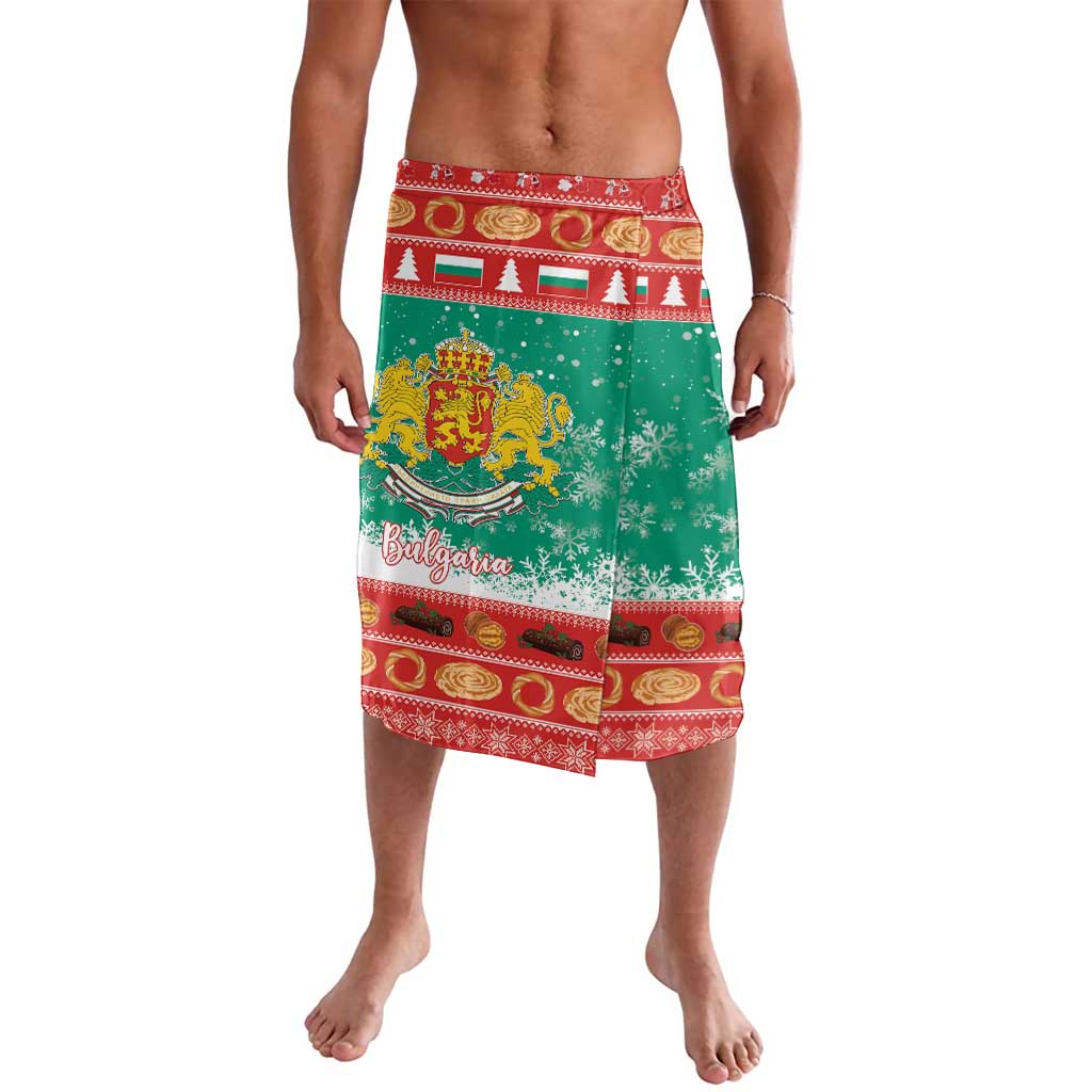 Green printed lavalava wrap skirt with red border and Bulgaria coat-of-arms graphic
