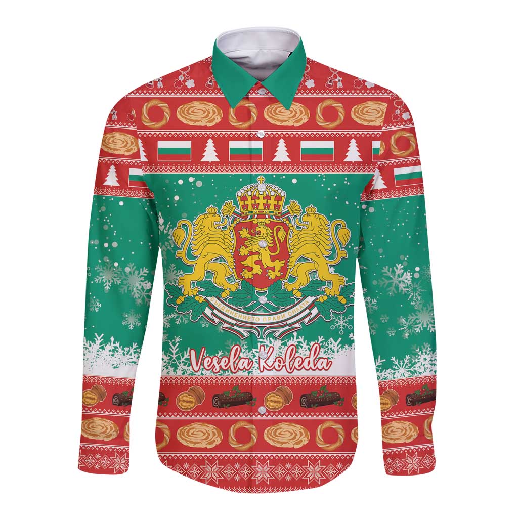 Green long-sleeve button shirt coat with festive crest and snowflake trim, front