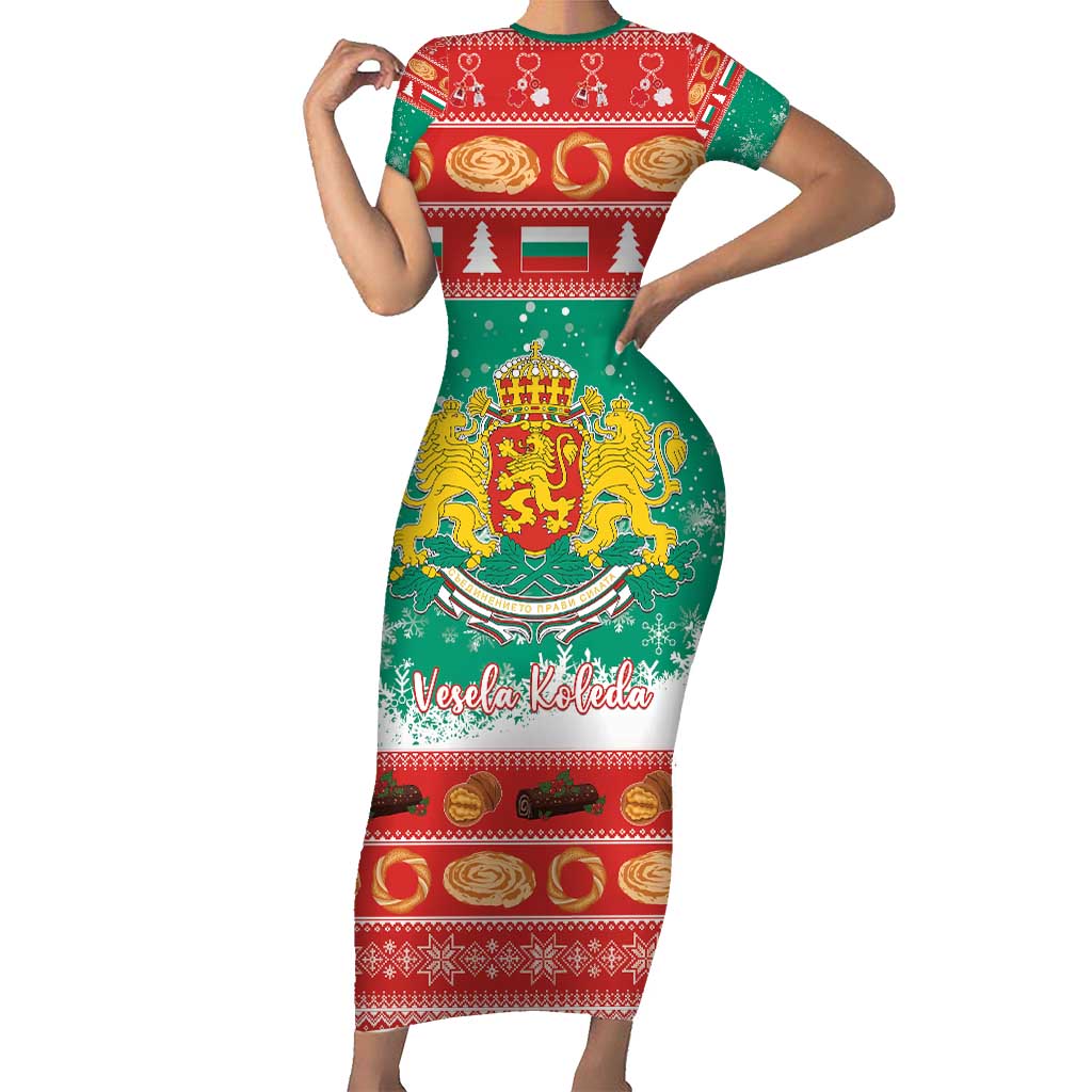 Bulgaria Christmas Short Sleeve Bodycon Dress Coat Of Arms Vesela Koleda - Wonder Print Shop