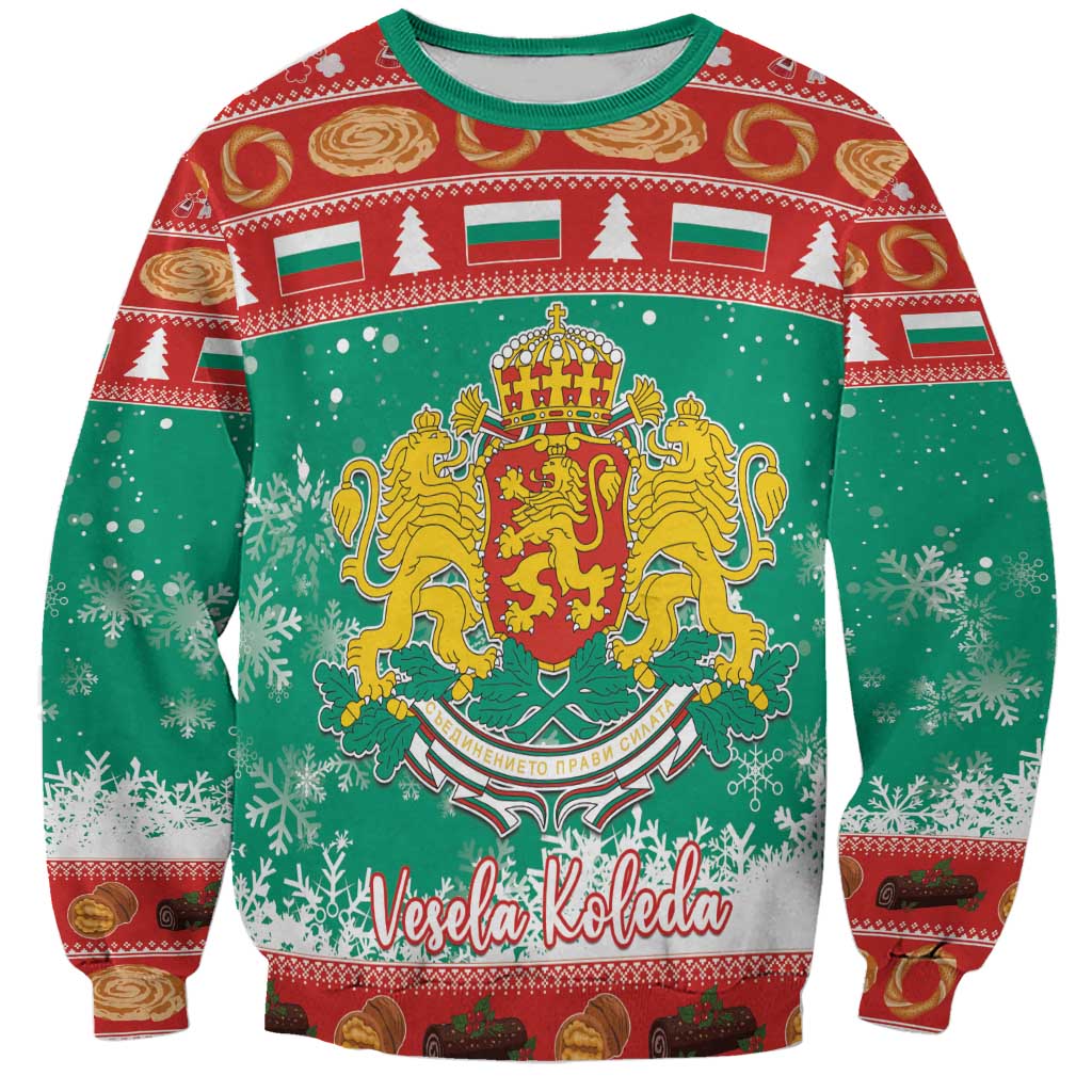 Green Christmas sweatshirt with Bulgaria coat of arms and festive stripe pattern