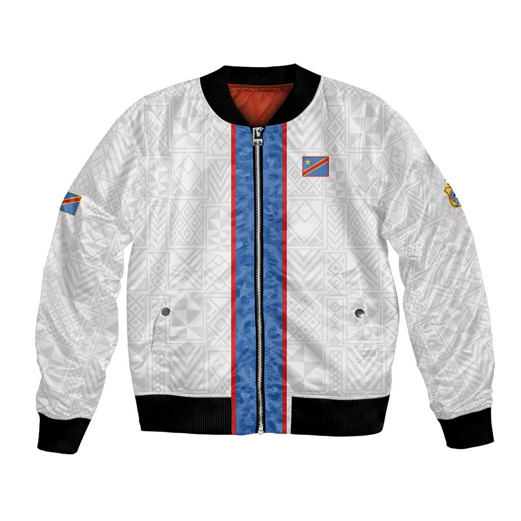 Custom DR Congo Football Bomber Jacket Leopards Mix Kuba Raffia Pattern - Wonder Print Shop