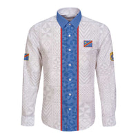 Custom DR Congo Football Long Sleeve Button Shirt Leopards Mix Kuba Raffia Pattern - Wonder Print Shop