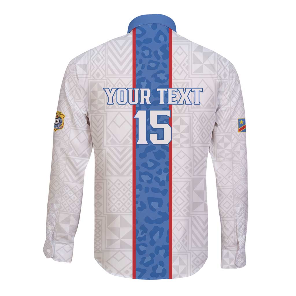 Custom DR Congo Football Long Sleeve Button Shirt Leopards Mix Kuba Raffia Pattern - Wonder Print Shop