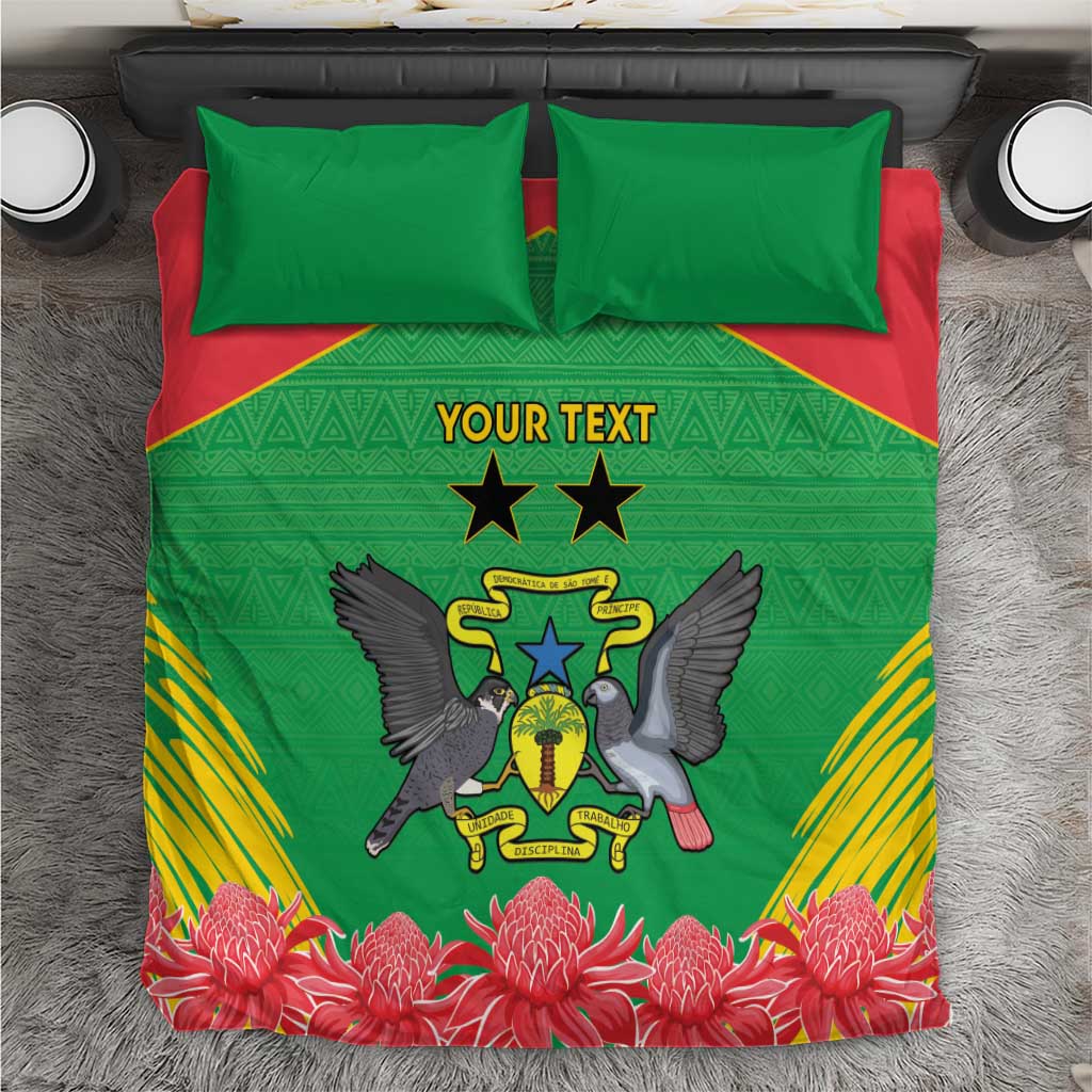 Green personalized bedding set with coat of arms graphic, red accents, and two matching pillows