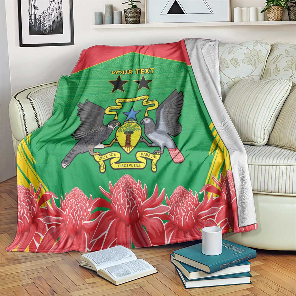 Sao Tome and Principe blanket coat, green and red crest with feathered wings, flower design