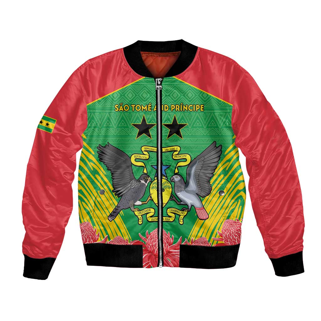 Personalized bomber jacket with red sleeves, green/yellow crest graphic, black ribbed cuffs