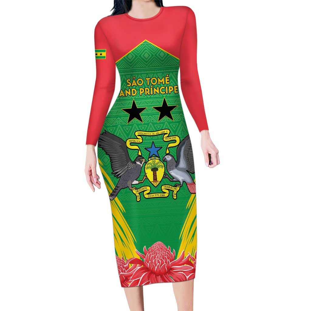 Personalised Sao Tome and Principe Long Sleeve Bodycon Dress Coat Of Arms With Porcelana Rose - Wonder Print Shop