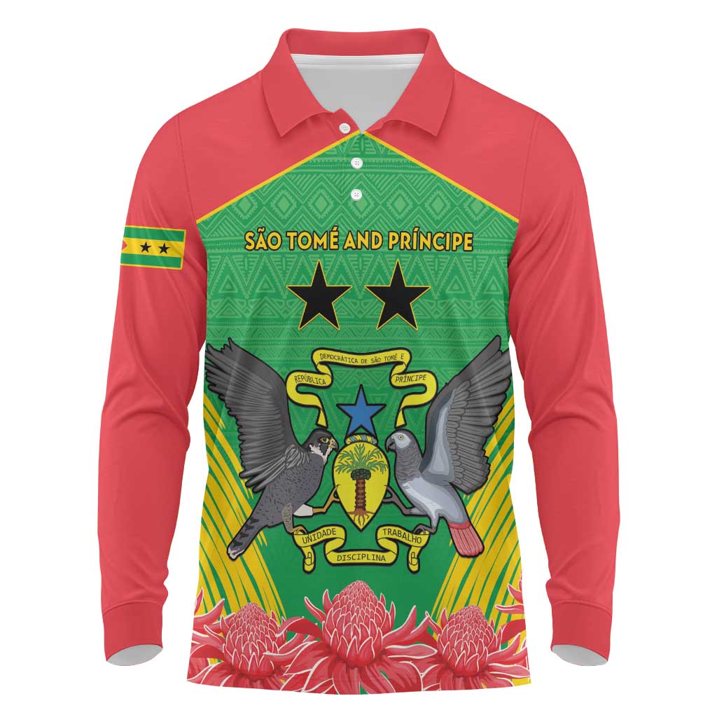 Personalised Sao Tome and Principe Long Sleeve Polo Shirt Coat Of Arms With Porcelana Rose - Wonder Print Shop