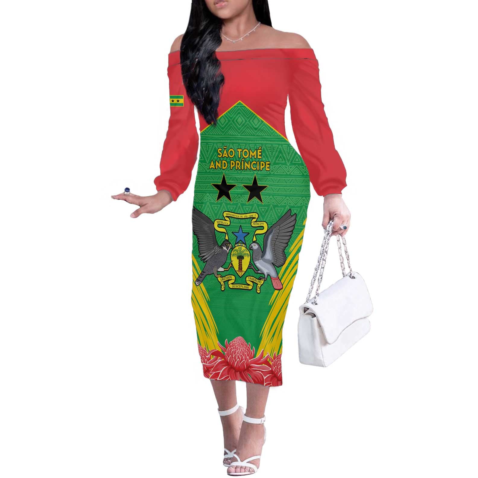 Personalised Sao Tome and Principe Off The Shoulder Long Sleeve Dress Coat Of Arms With Porcelana Rose - Wonder Print Shop